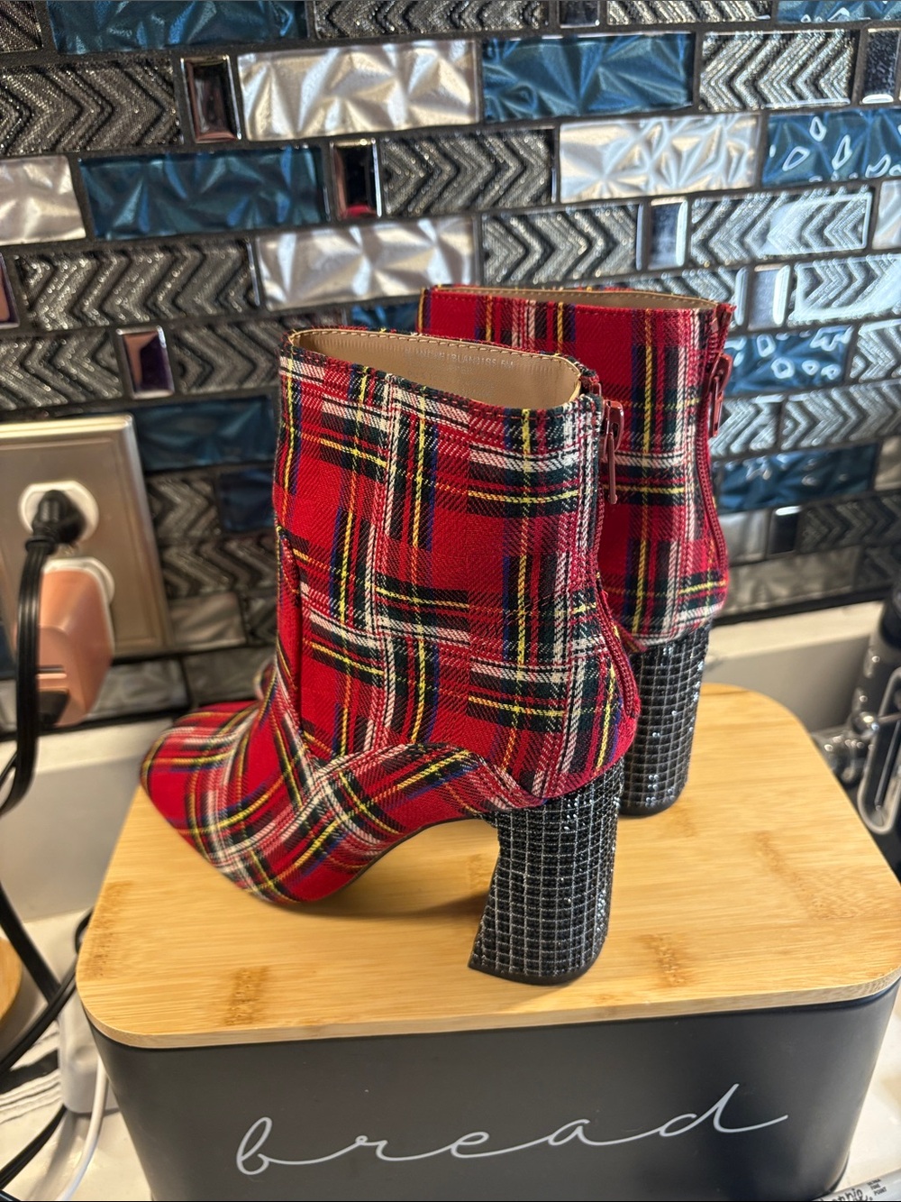Betsey Johnson Red Plaid Stretch Ankle Booties - Picture 2 of 12
